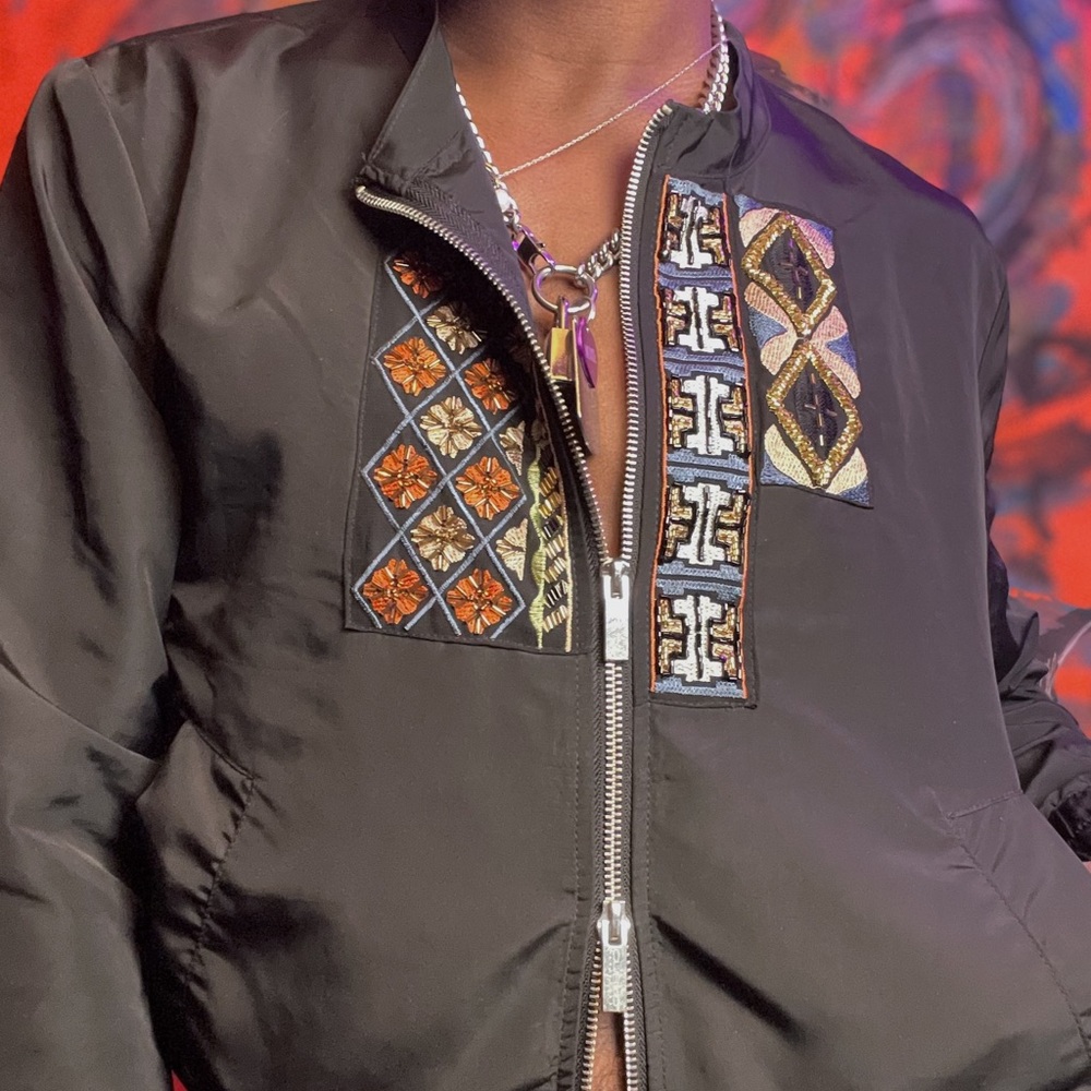 beaded double zipper bomber